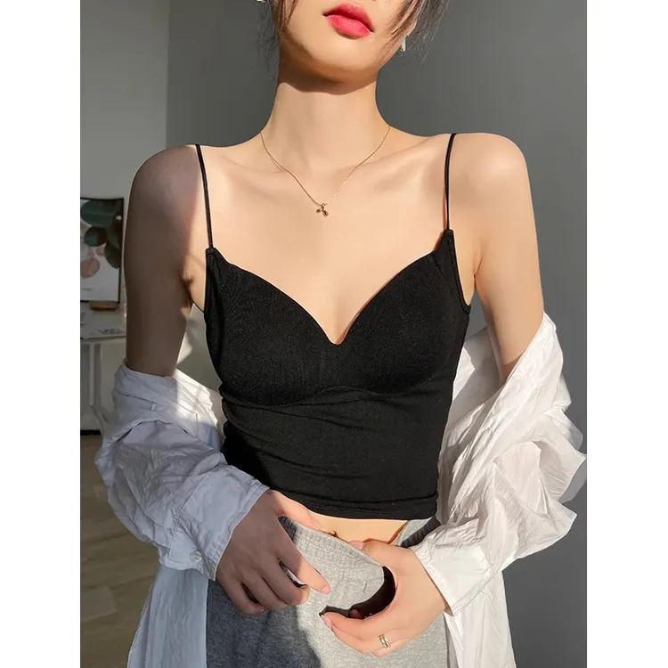 黑色V领吊带背心女春季2025新款内搭外穿无袖带胸垫短款美背上衣