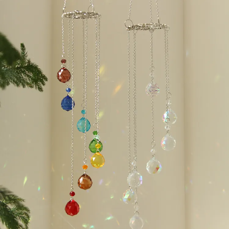 治愈系七彩水晶太阳捕手风铃挂件彩虹光影吊饰窗户阳台庭院装饰