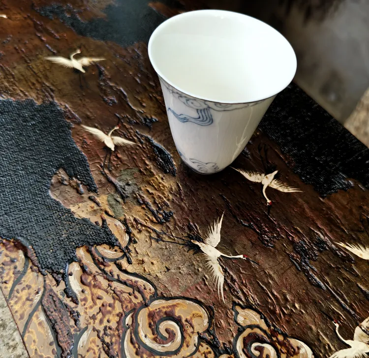 大漆茶盘-宋云栖鹤.款，尺寸60*20厘米，一物一拍所见即所得。