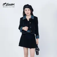 【PGXIAOM】润秀定制黑色牛仔拼接气质外套+裙子两件套套装TZ9767  