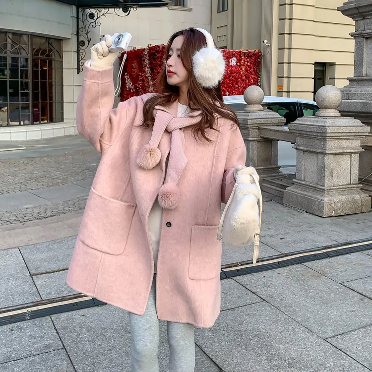 韩系粉色甜美双面羊毛大衣女秋冬超火好看高级小众中长毛呢厚外套