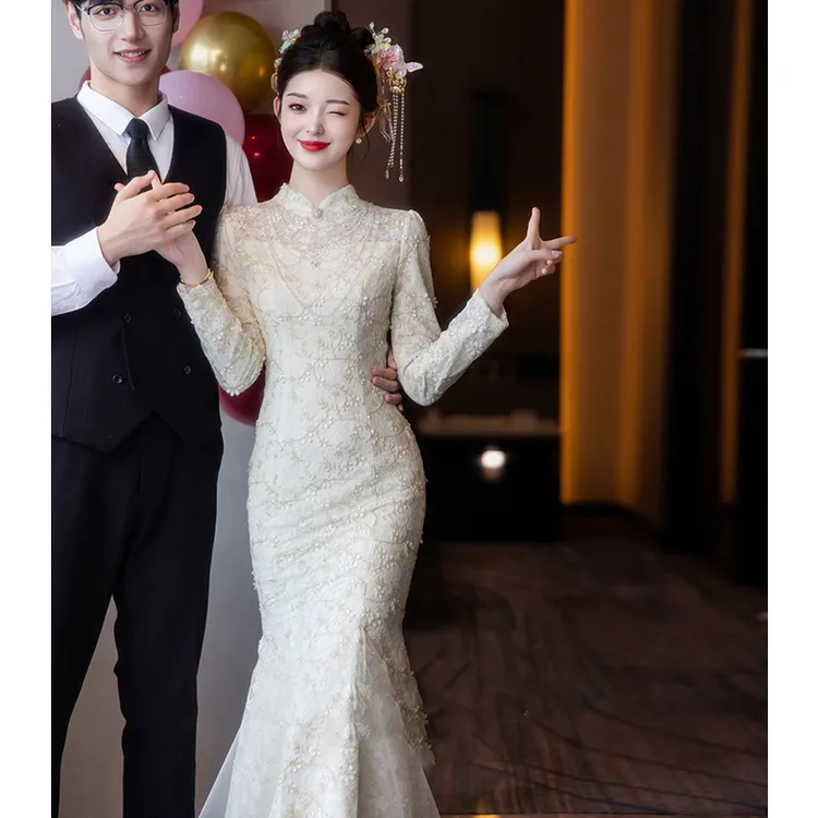 蕾丝敬酒服新娘2025新款新中式旗袍订婚礼服连衣裙平时可穿鱼尾女