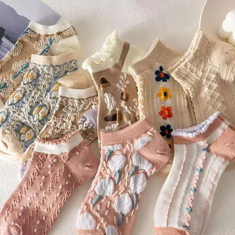女短袜春夏秋季薄款复古文艺日系学生花边袜潮流暗花植物花卉百搭