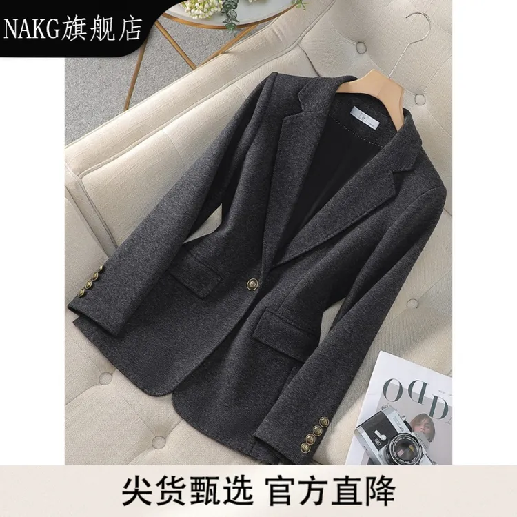 NAKG深灰色毛呢西装外套女2025新款春秋季气质加厚小个子上衣西服