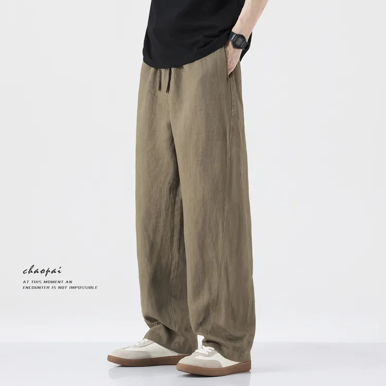 亚麻裤男夏季薄款2025新款日系复古直筒宽松微阔腿天然休闲裤子男