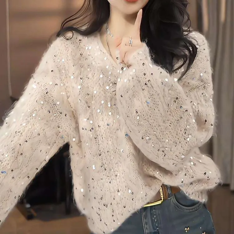 杏色V领毛衣女秋冬加厚慵懒风宽松重工亮片针织衫高级感外穿上衣