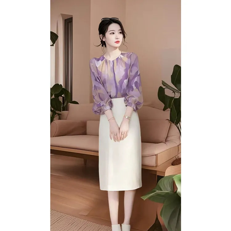 2025年开春新款法式高级感上衣漂亮风情万种的紫色长袖衬衫女套装