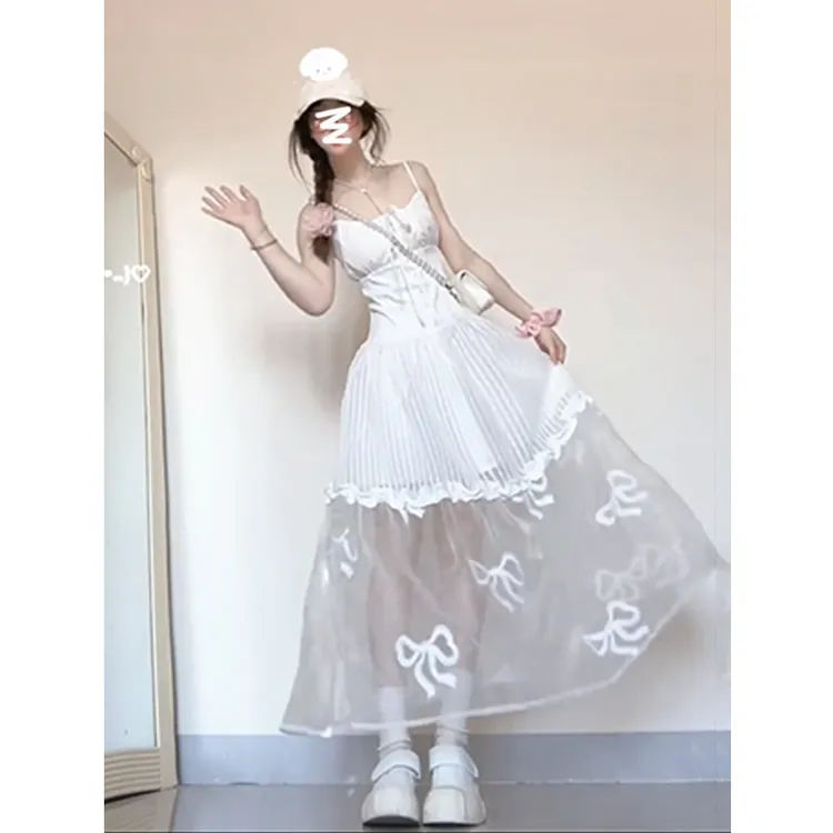 法式甜美温柔初恋白色网纱拼接吊带连衣裙夏季收腰显瘦蝴蝶结长裙