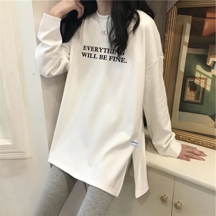 早秋长袖T恤女宽松大码中长款遮屁股白色打底衫内搭纯棉外穿上衣