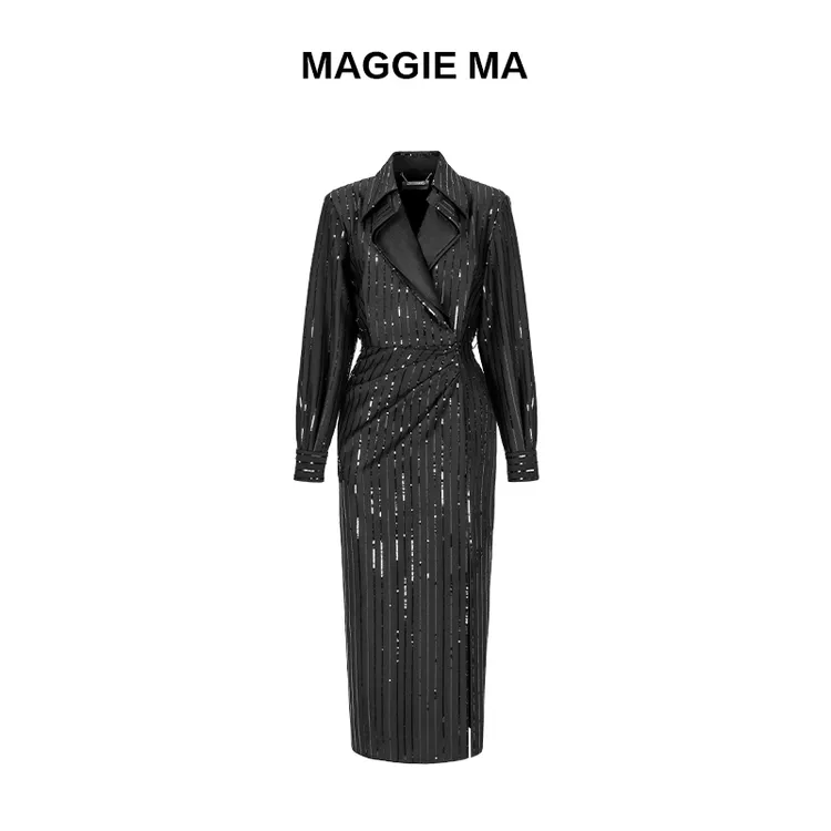 MAGGIE MA马婧设计师款黑色亮片捏褶璀璨迷人显瘦连衣裙991D