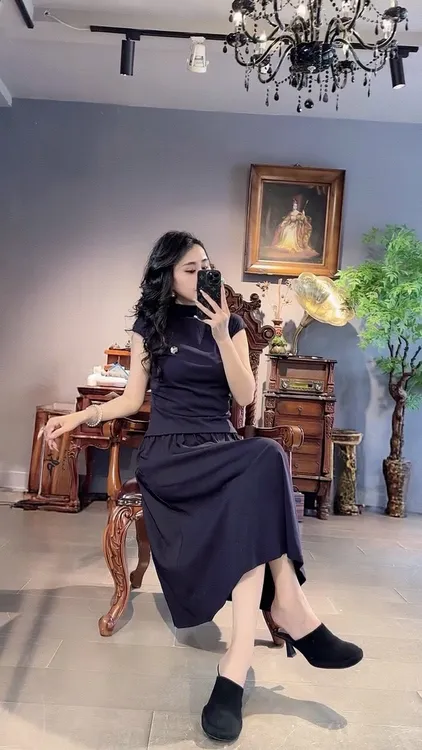 夏季新款小众设计宽松遮肉高领无袖上衣配半身裙套装