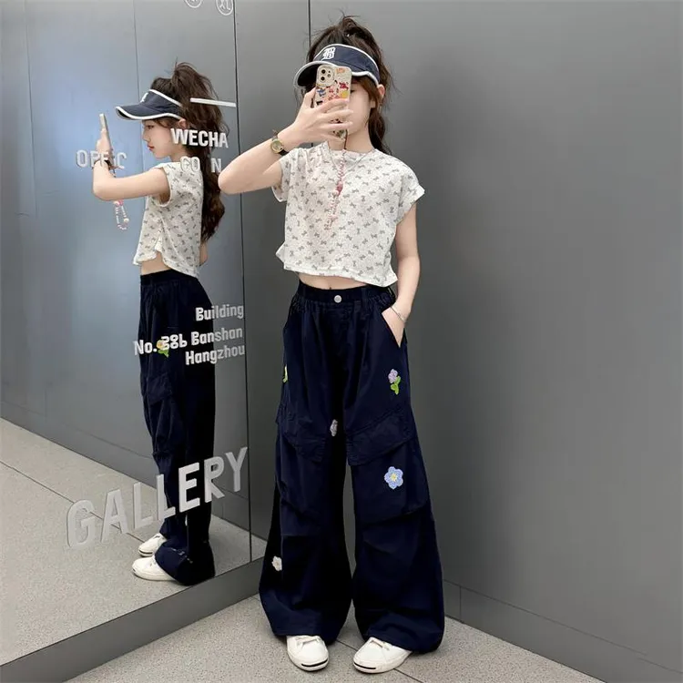 女童夏装裤子2025新款洋气大童宽松时髦短袖夏季刺绣工装阔腿裤