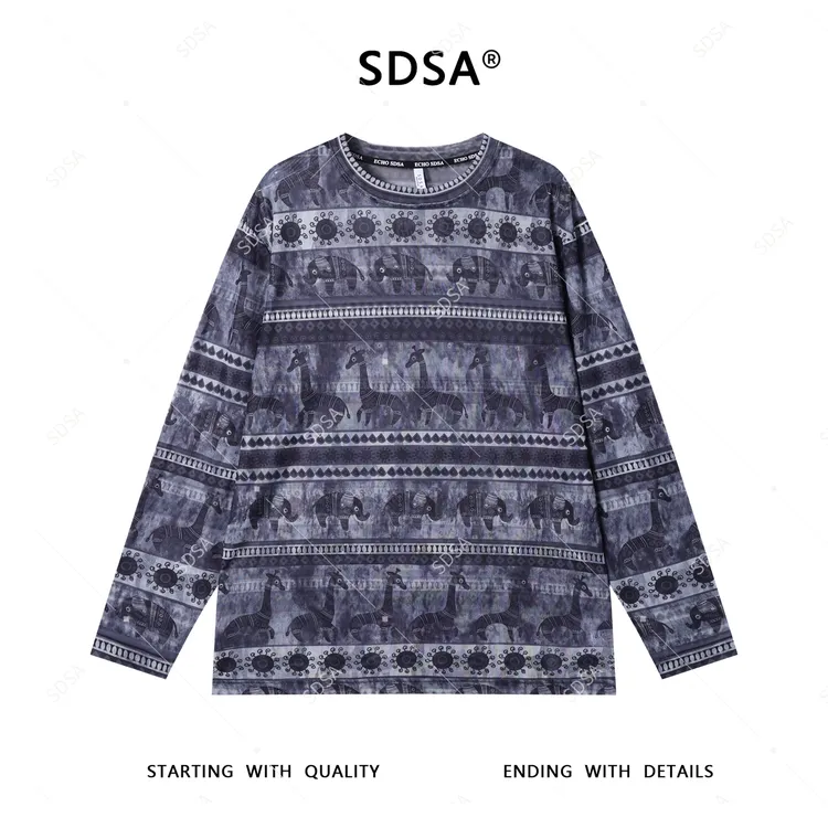 SDSA夏季新款男士痞帅潮牌动物图案设计圆领长袖T恤时尚百搭上衣