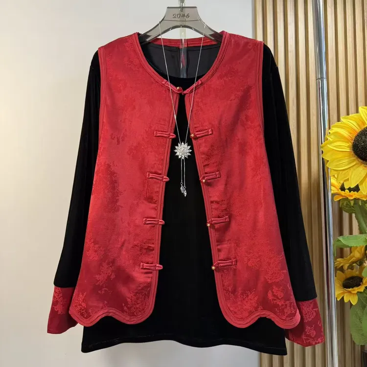 新中式马甲红色外穿年轻款洋气胖妹妹背心坎肩缎面提花国风新年服