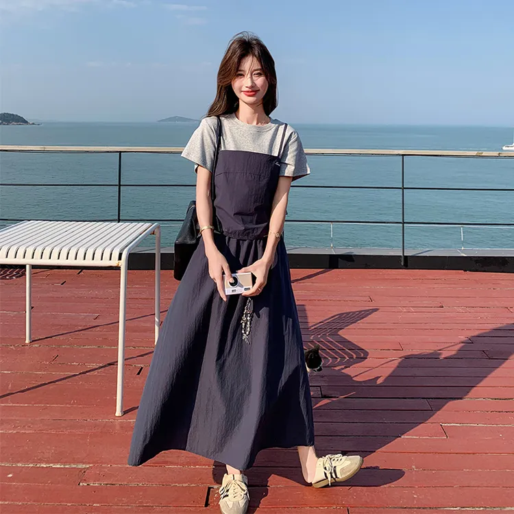 少女感甜酷减龄假两件吊带T恤半身裙套装两件套女夏韩系气质穿搭 