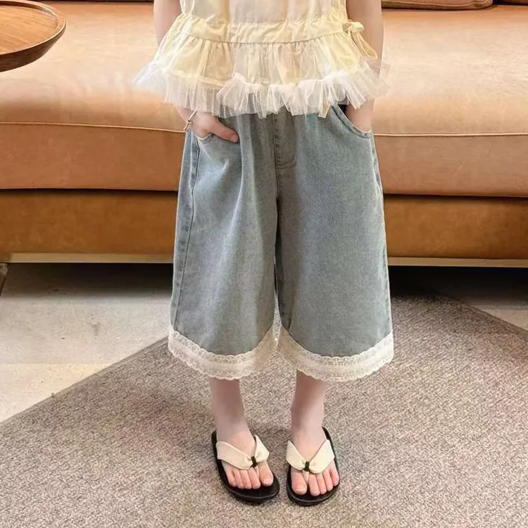 女童牛仔短裤夏季2025新款儿童洋气百搭裤子夏装小女孩花边七分裤