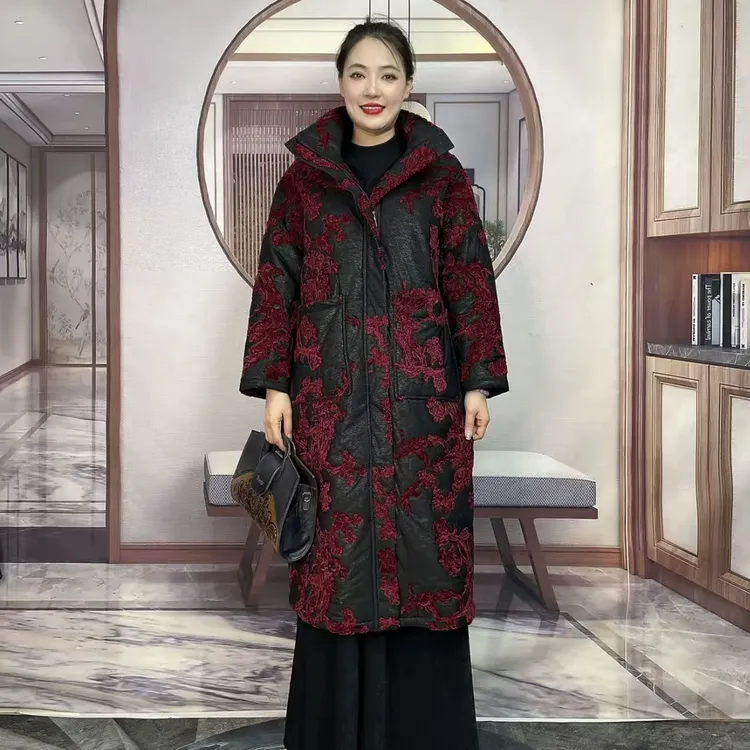 高端冬季长袖植绒烧花贵气轻薄保暖棉服洋气长款连帽宽松风衣外套