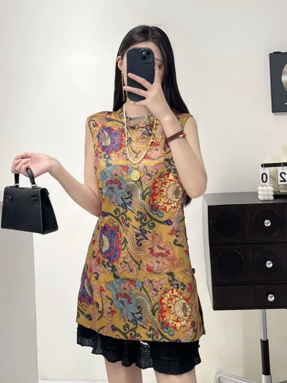 中长款提花花纹无袖长款薄款上衣中式盘扣时尚女士百搭花色重工