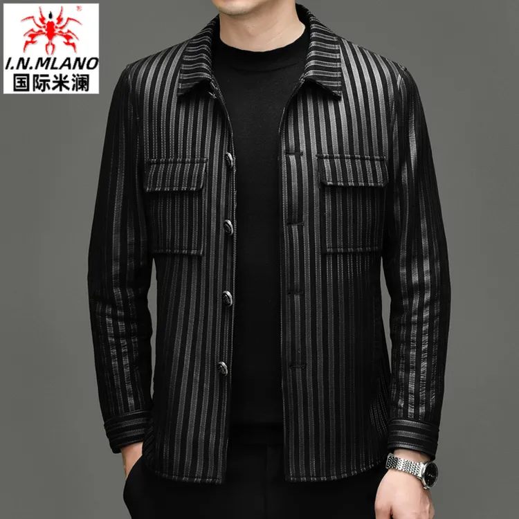 翻领真皮皮衣男士头层绵羊皮海宁夹克短款帅气青年单皮条纹外套潮