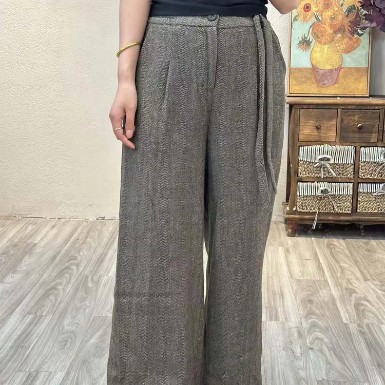 30062秋冬新款混纺阔腿裤女宽松休闲人字纹高腰长裤
