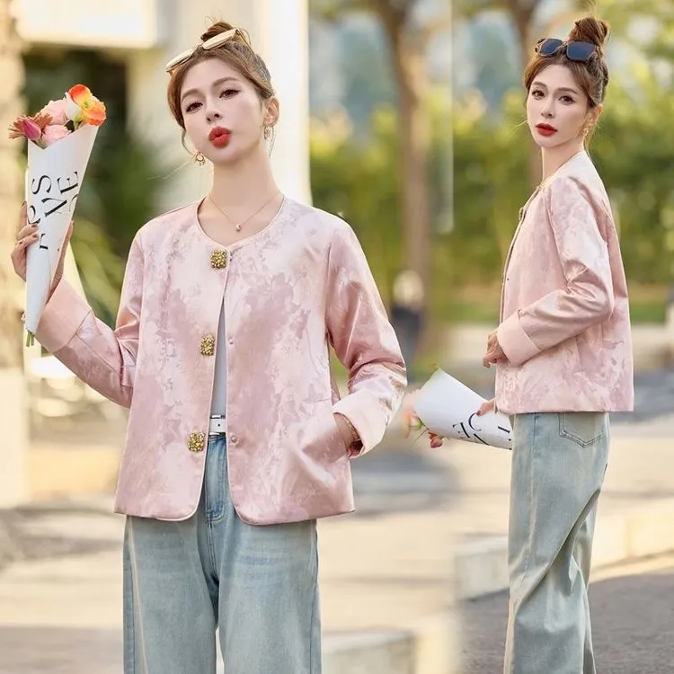 新中式国风短外套女2025春新款高级感超火小香风粉色短款唐装上衣