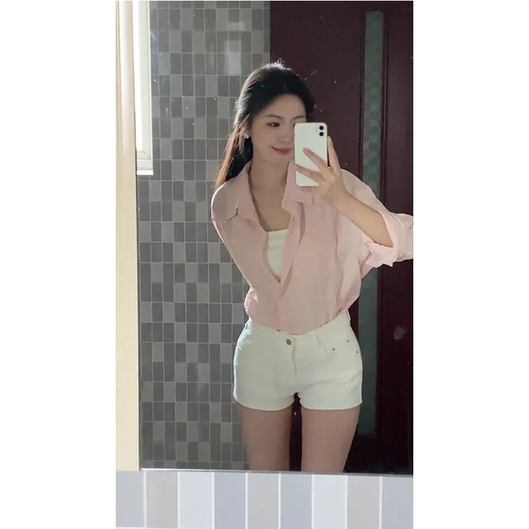 韩系甜美粉色衬衫外套女春夏新款宽松衬衣内搭吊带背心短裤三件套