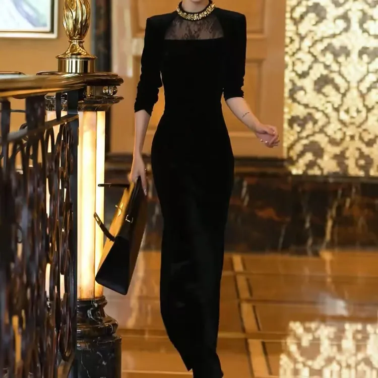 连衣裙气质长袖黑色复古长款蕾丝显瘦时尚春季修身设计师名媛优雅