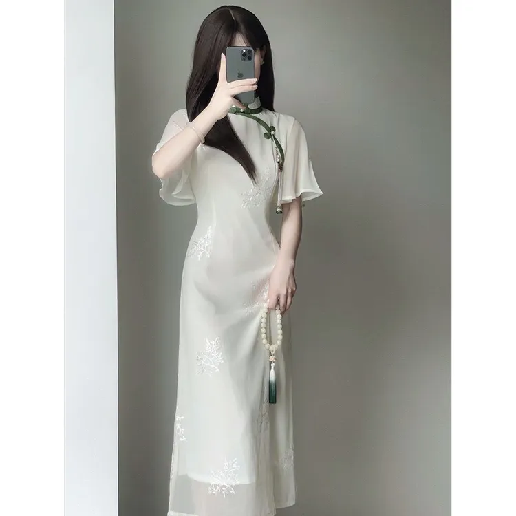 杏色绣花倒大袖旗袍2024年夏季新中式国风少女温婉淑女连衣裙