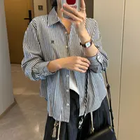 「100%棉 成衣水洗」显瘦藏蓝条纹衬衫女 春秋港风宽松百搭衬衣S039