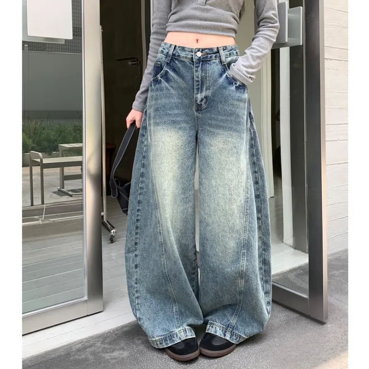 美式复古做旧蓝色牛仔裤女秋季百搭宽松阔腿裤显瘦弯刀裤拖地长裤