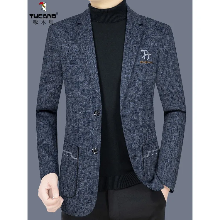 啄木鸟西服外套男春秋季新款毛呢西装休闲男装宽松上衣呢子单西