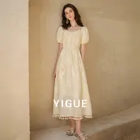 亦谷流苏织带拼接连衣裙2025女新款印花中长裙子G5AAL004-3