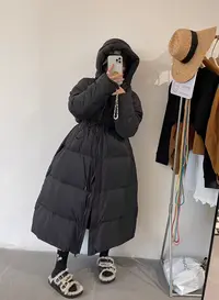 【杨嘻嘻】即墨韩版连帽过膝宽松收腰休闲显瘦白鸭绒羽绒服33379