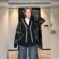 66098新款韩版黑白提花V领宽松大版毛衣开衫