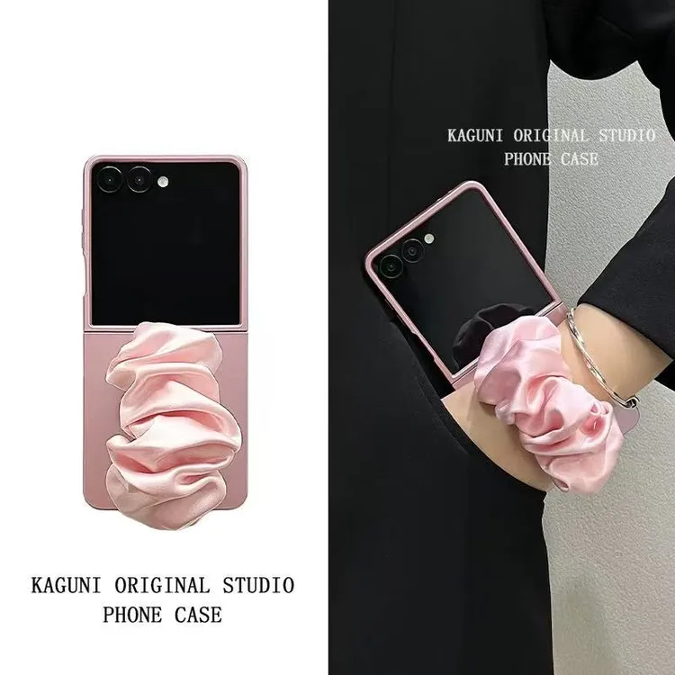 ins烤漆玫瑰金适用三星zflip7折叠手机壳zflip7FE女款丝巾腕带硬