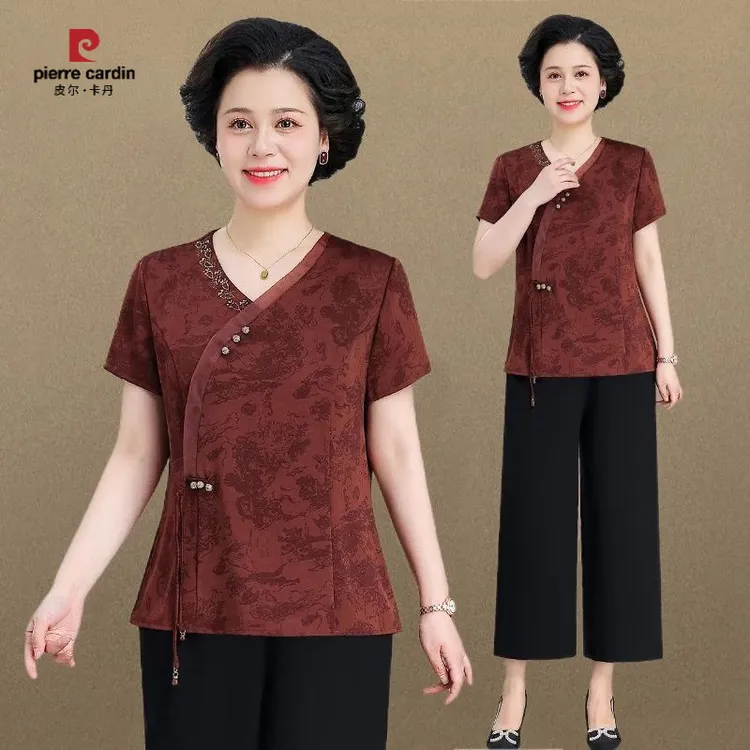 皮尔卡丹新中式短袖妈妈装小衫女夏季新款洋气中国风中老年人上衣
