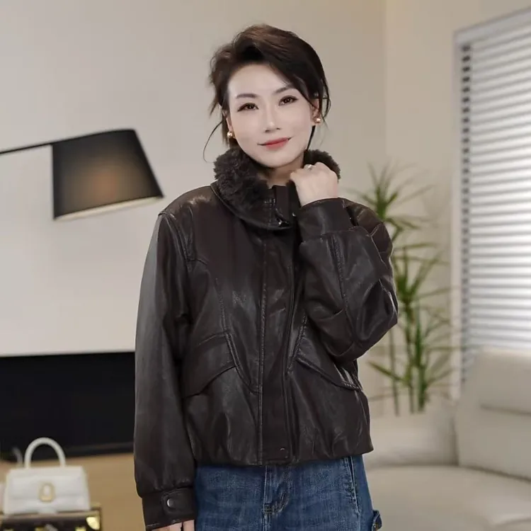 2025拉链做旧加绒立领蝙蝠袖常规纯色加厚皮毛一体皮衣5513