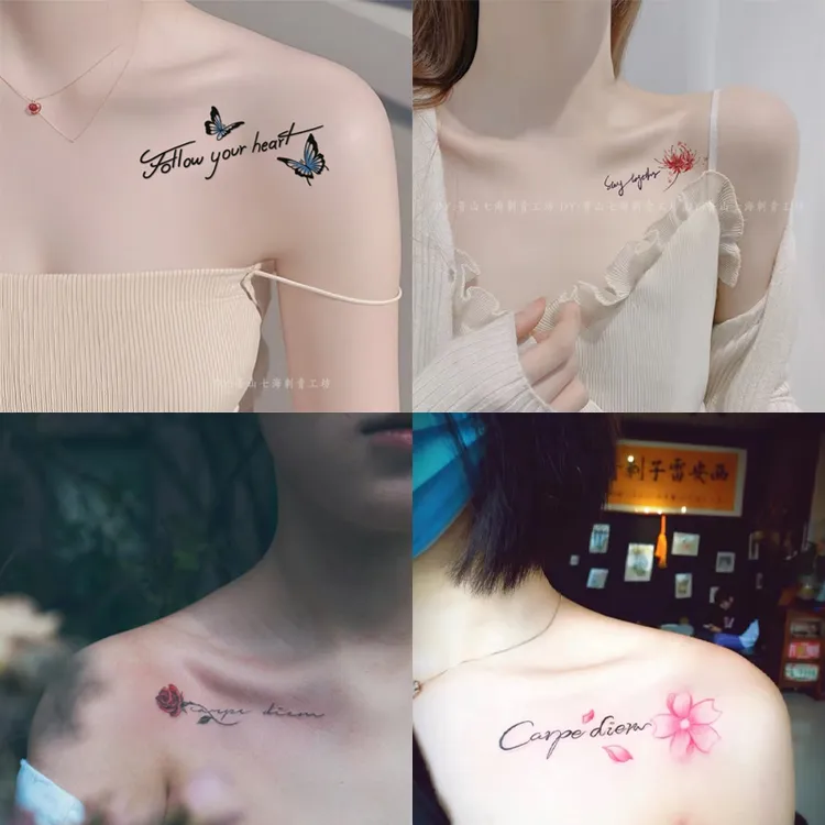 简约小众英文蝴蝶彩色纹身贴防水持久锁骨女彼岸花仿真可水洗辣妹