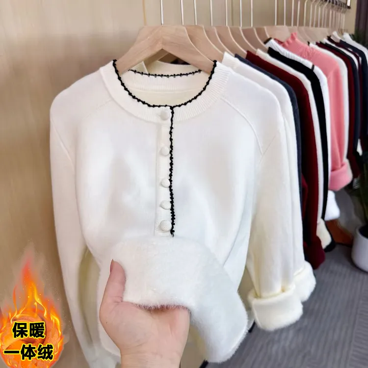 加绒加厚一体绒 小香风钩花设计2025秋冬新款毛衣女针织衫上衣潮