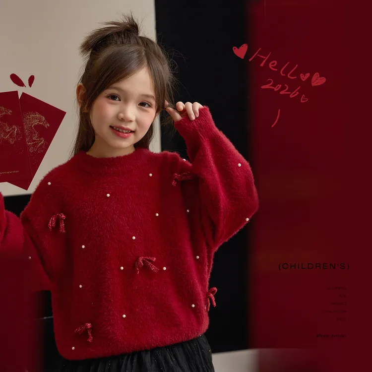 【珠光闪闪】儿童仿貂毛圆领毛衣蝴蝶结保暖新年上衣9424D
