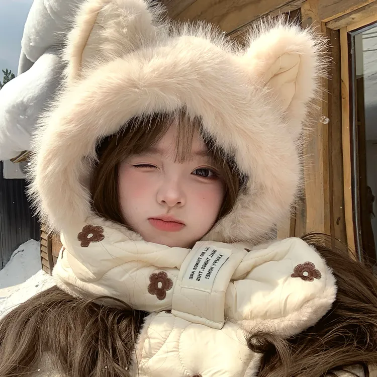 狐狸耳朵帽子围巾一体帽女冬季可爱毛绒连帽围脖保暖两件套雷锋帽