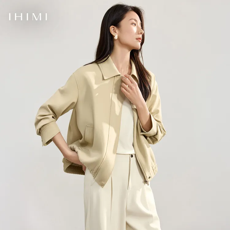 IHIMI/海谧2025秋季新款女装简约门襟解构设计感松紧翻领夹克外套