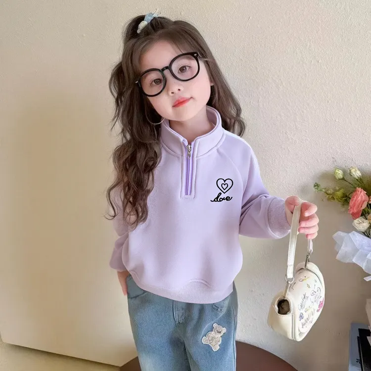 女童加绒卫衣新款秋冬款儿童洋气休闲中大童半拉链长袖打底立领
