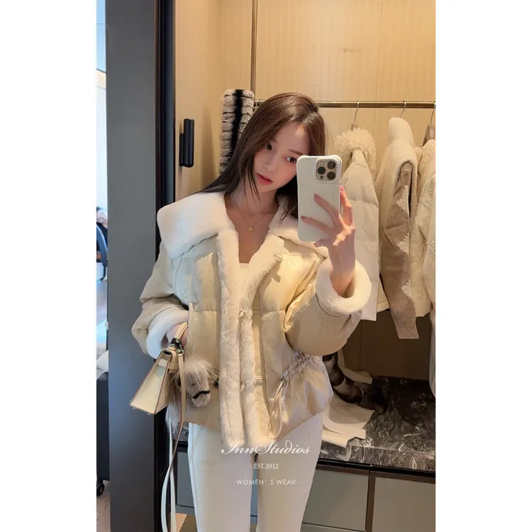 Innstudios「浅金国风」可调整收腰新中式皮毛一体翻领鹅绒外套