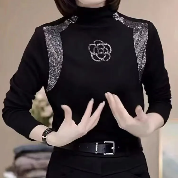 秋冬新款德绒烫钻半高领薄绒宽松长袖中老年妈妈装打底衫上衣9161