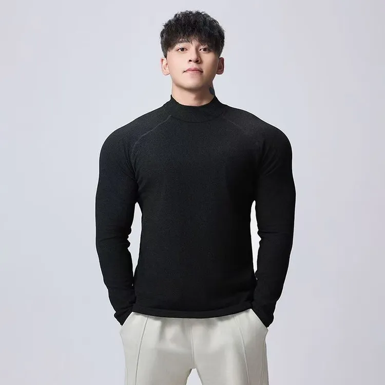 秋冬季德绒保暖修身半高领长袖打底长T男运动健身显大高弹衣服潮