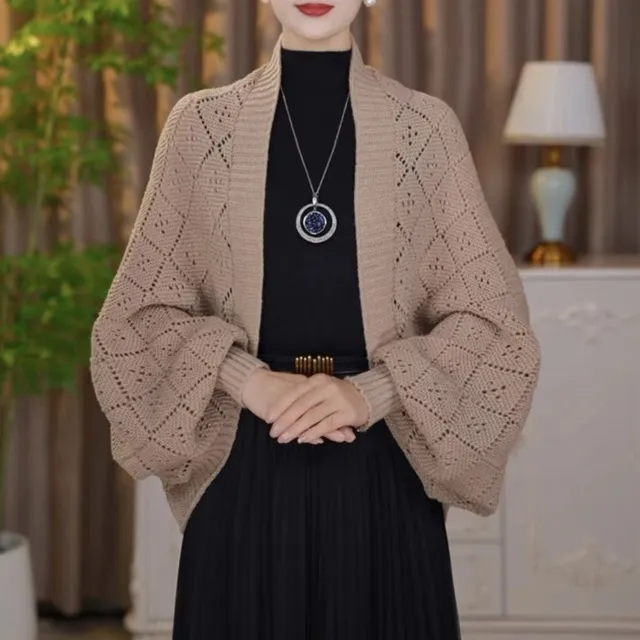 [丝尚]秋冬新款时尚针织密织方格披肩镂空气质开衫百搭慵懒保暖潮