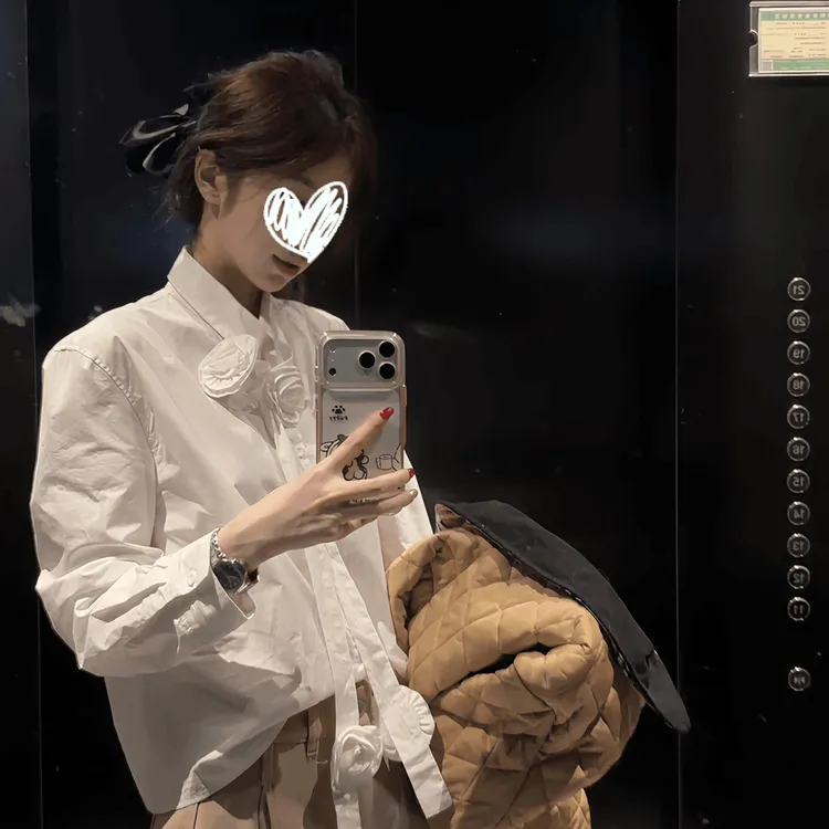 立体花朵蝴蝶结纯欲泡泡长袖衬衫上衣23780#