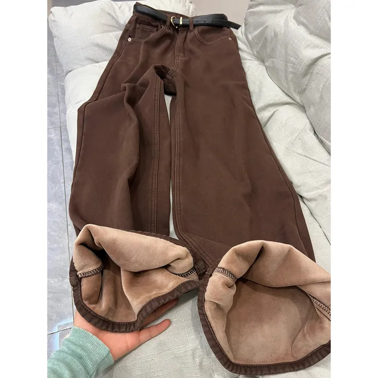 美拉德棕色加绒加厚阔腿牛仔裤女秋冬高个子加长高腰宽松直筒裤子
