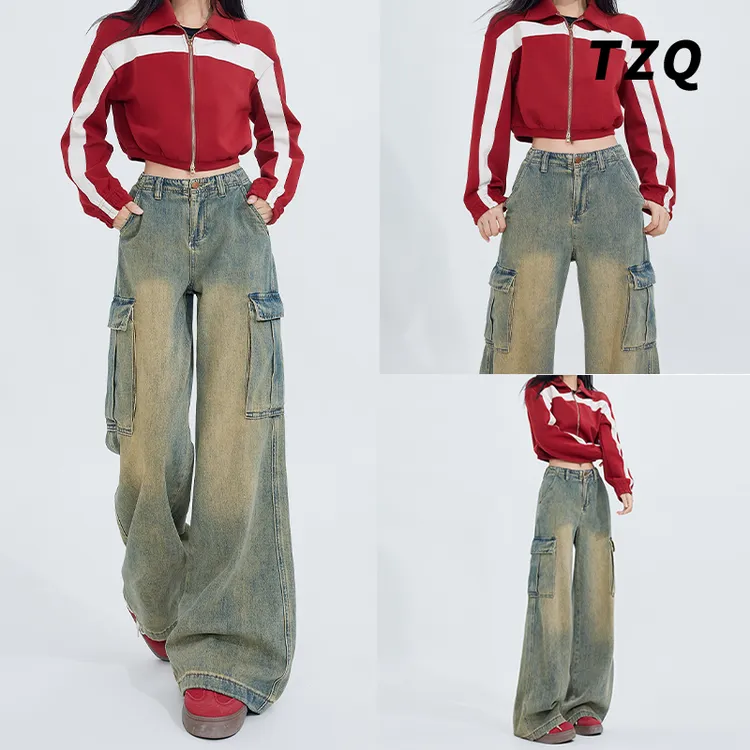 2025春季新款美式垂感阔腿工装牛仔裤女百搭复古拖地裤TZQ2521650
